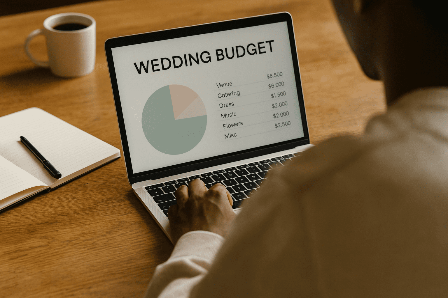 Man reviewing Wedding Budget on laptop including wedding venue prices in Charleston, SC - AI Generated